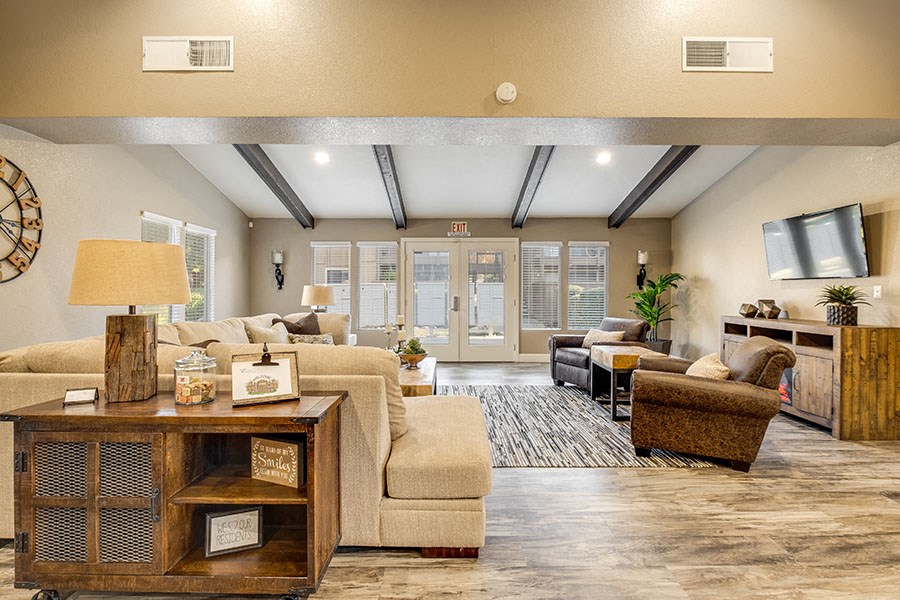 a living room with couches and chairs and a tv