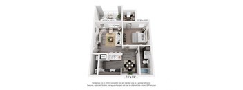 A floor plan of a two-bedroom apartment with a living room, kitchen, and bathroom.