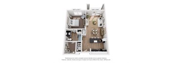 A 3D floor plan of a two bedroom apartment.