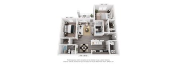 A 3D floor plan of a small apartment with a kitchen, living room, and two bedrooms.
