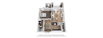 A 3D floor plan of a small apartment with a kitchen, living room, and bedroom.