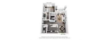 A floor plan of a small apartment with a kitchen, living room, and two bedrooms.
