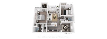 A floor plan of a small apartment with a kitchen, living room, and two bedrooms.