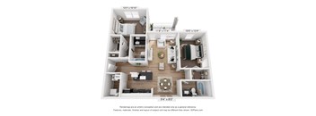 A 3D floor plan of a house with a kitchen, living room, and two bedrooms.