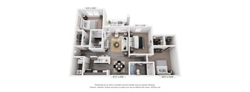 A 3D floor plan of a house with a living room, kitchen, and two bedrooms.