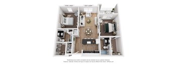 A 3D floor plan of a small apartment with a kitchen, living room, and bedroom.