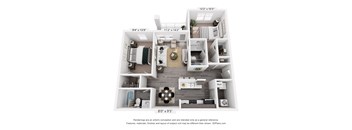 A 3D floor plan of a small apartment with a kitchen, living room, and bedrooms.