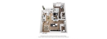 A 3D floor plan of a small apartment with a kitchen, living room, and bathroom.
