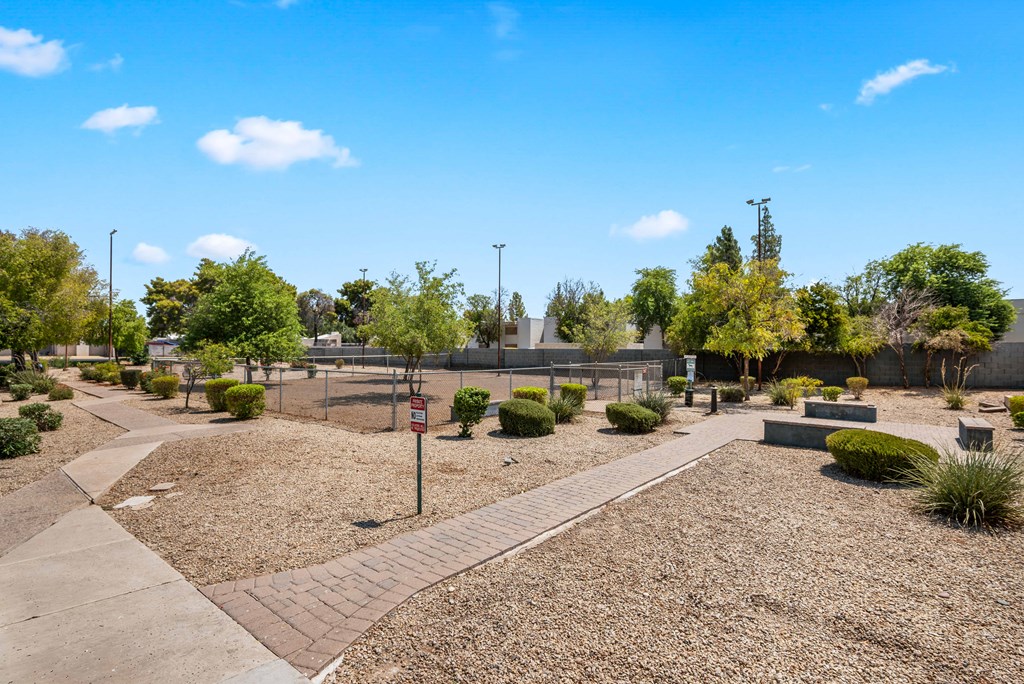 a park with benches and trees and a fence