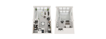 A top down view of a living room and kitchen area.