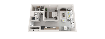 A top-down view of a small apartment with a kitchen, living room, and bathroom.