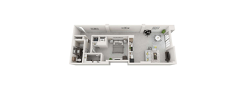 A white floor plan of a house with a kitchen, living room, and bathroom.