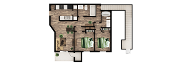 A floor plan of a house with a kitchen, living room, and bathrooms.