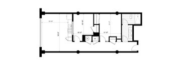 A floor plan of a house with a kitchen, living room, and two bedrooms.
