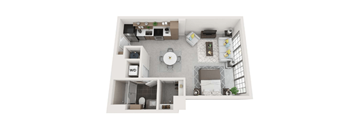 A top-down view of a small apartment with a kitchen, living room, and bathroom.