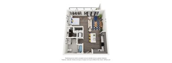 A 3D floor plan of a small apartment with a kitchen, living room, and bathroom.