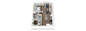 A 3D floor plan of a small apartment with a kitchen, living room, and bedroom.