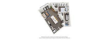 A 3D floor plan of a small apartment with a kitchen, living room, and bedroom.
