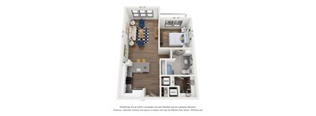 A 3D floor plan of a small apartment with a kitchen, living room, and bathroom.