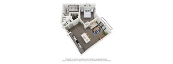 A 3D floor plan of a small apartment with a kitchen, living room, and bathroom.