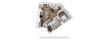 A 3D floor plan of a small apartment with a kitchen, living room, and bathroom.