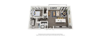 A 3D floor plan of a small apartment with a kitchen, living room, and bedroom.