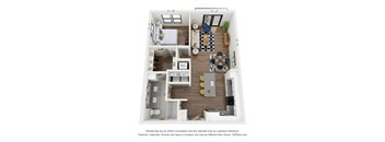 A 3D floor plan of a house with a kitchen, living room, dining room, and two bedrooms.