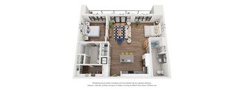 A 3D floor plan of a house with a kitchen, living room, and two bedrooms.