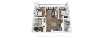 A 3D floor plan of a small apartment with a kitchen, living room, and bathroom.