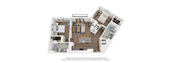 A 3D floor plan of a house with a kitchen, living room, and two bedrooms.