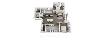 A 3D floor plan of a house with a kitchen, living room, and two bedrooms.