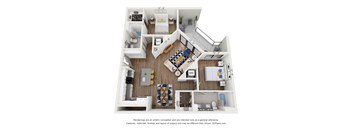 A 3D floor plan of a house with a living room, kitchen, and two bedrooms.