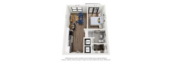 A 3D floor plan of a small apartment with a kitchen, living room, and bedroom.