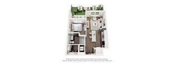 A 3D floor plan of a small apartment with a kitchen, living room, and bathroom.