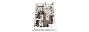 A 3D floor plan of a small apartment with a kitchen, living room, and bathroom.