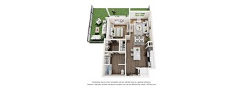 A 3D floor plan of a house with a kitchen, living room, and bathroom.