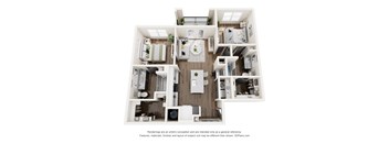 A 3D floor plan of a house with a kitchen, living room, and two bedrooms.