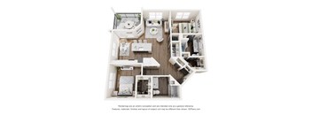 A 3D floor plan of a small apartment with a kitchen, living room, and bedrooms.