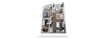 a 1 bedroom floorplan is shown with a bathroom and a balcony