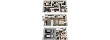 A set of three floor plans for a house with a garage.
