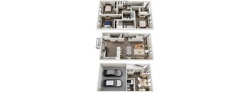 A set of four images showing different layouts of a house with a car parked in the garage.