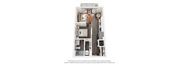 a stylized floor plan with a bedroom and a living room