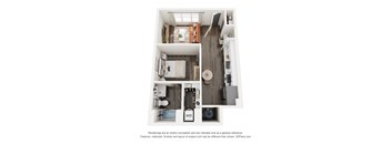a 1 bedroom floorplan with a bedroom and a living room
