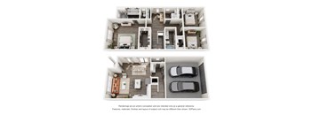 a stylized 3d floor plan of a house with a bedroom and living room