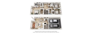 a stylized 3d floor plan of a house with a bedroom and living room