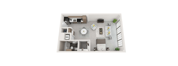 A top down view of a small apartment with a living room, kitchen, and bathroom.