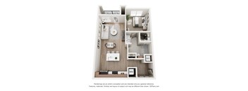 A 3D floor plan of a small apartment with a kitchen, living room, and bathroom.