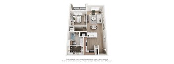 A 3D floor plan of a small apartment with a kitchen, living room, and two bedrooms.