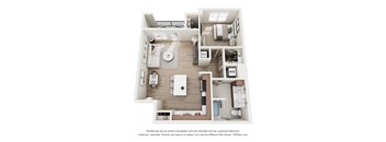 A 3D floor plan of a house with a kitchen, living room, and bathroom.