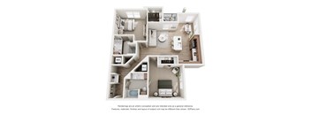 A 3D floor plan of a house with labeled rooms.